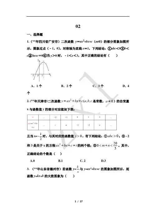 2019年全国中考数学真题分类汇编：二次函数(题)