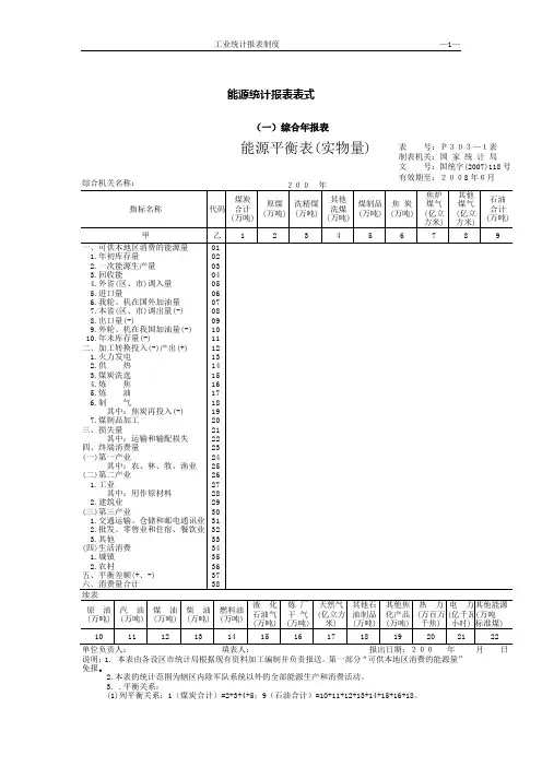 能源统计报表表式
