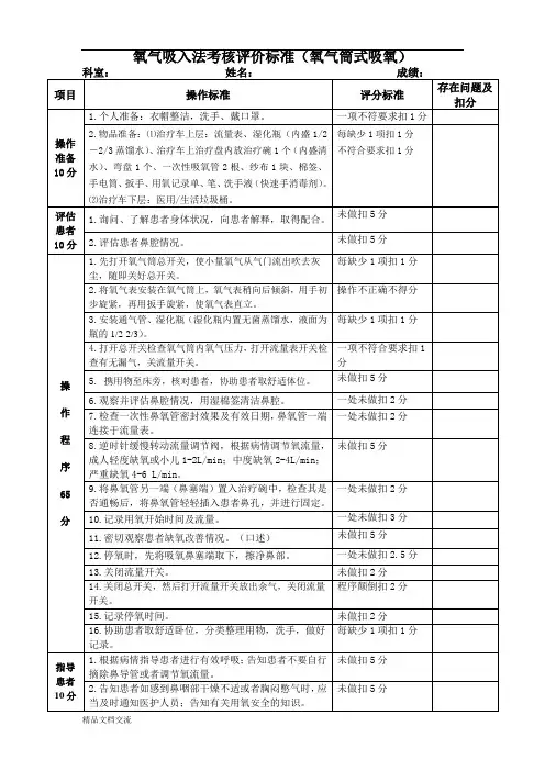 氧气吸入法考核评价标准(氧气筒式吸氧)