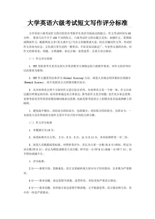 大学英语六级考试短文写作评分标准