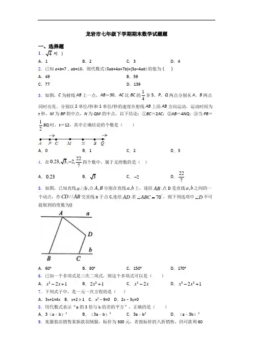 龙岩市七年级下学期期末数学试题题