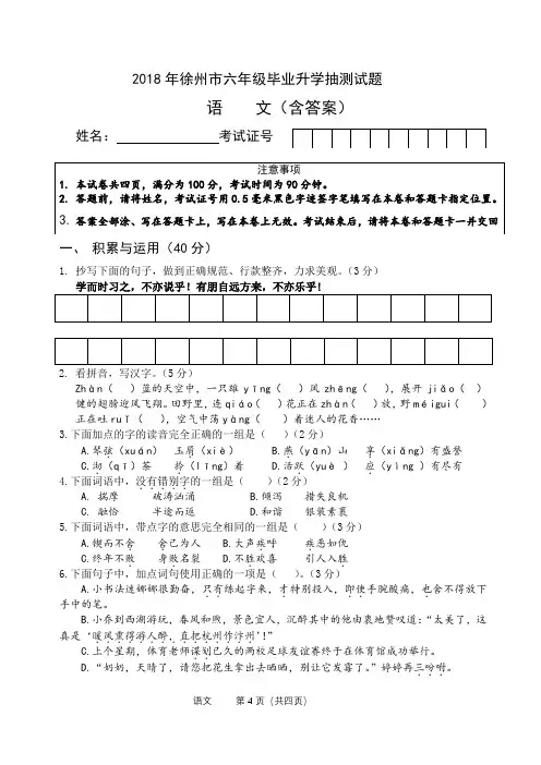 2018年徐州市六年级毕业升学语文抽测试题(含答案)