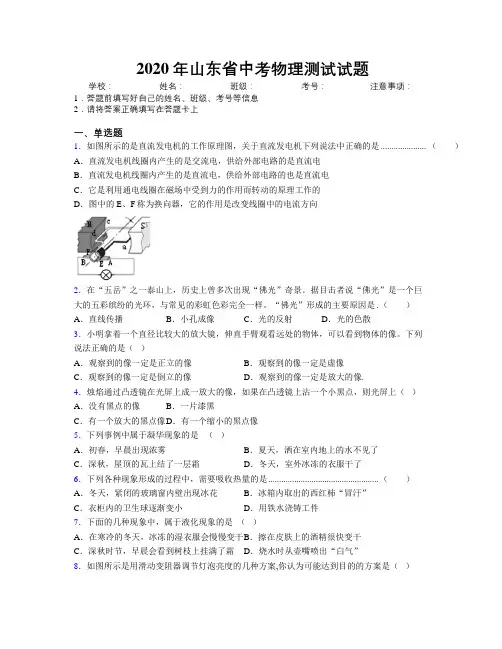 2020年山东省中考物理测试试题附解析