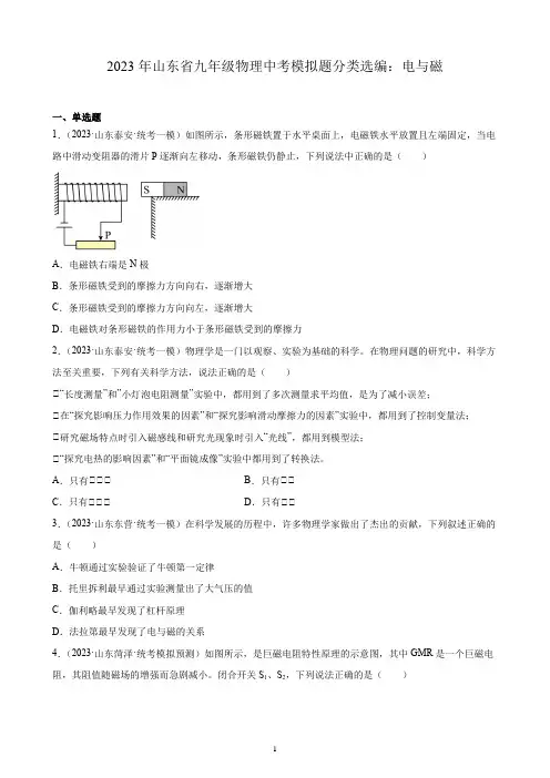 2023年山东省九年级物理中考模拟题分类选编：电与磁