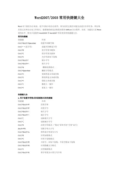 Word2007-2003常用快捷键大全