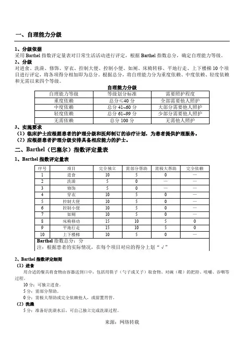 自理能力分级及巴塞尔评分