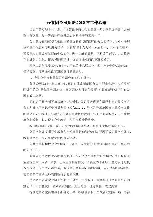 最新---集团公司党委2019年工作总结 精品