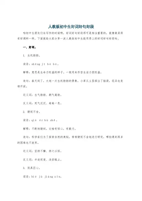人教版初中生好词好句好段