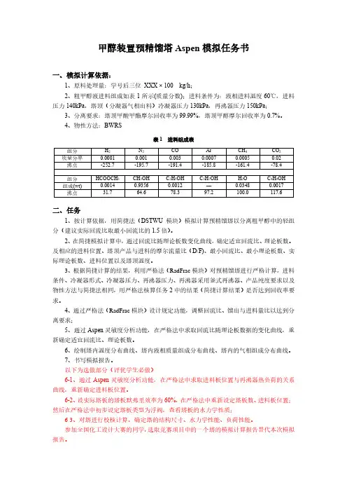 甲醇装置预精馏塔Aspen模拟任务书