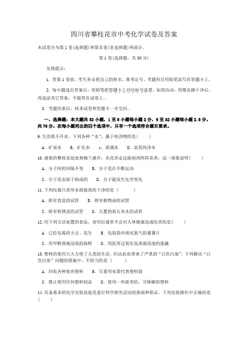 四川省攀枝花市中考化学试卷及答案