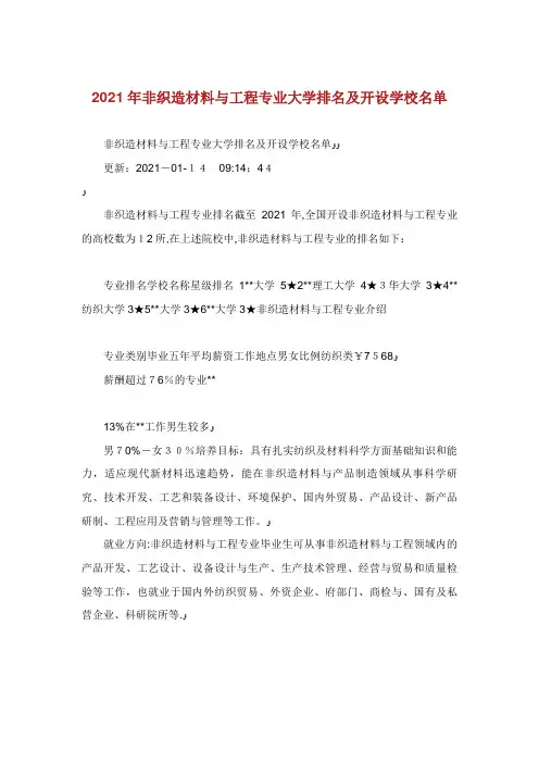 非织造材料与工程专业大学排名及开设学校名单