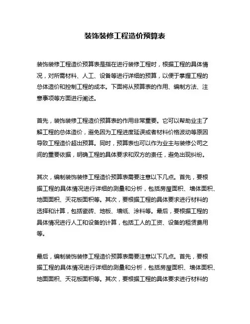 装饰装修工程造价预算表