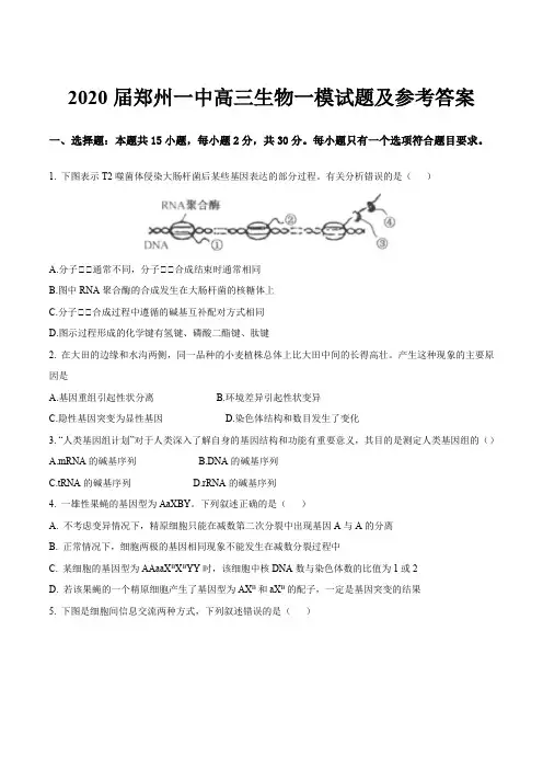 2020届郑州一中高三生物一模试题及参考答案