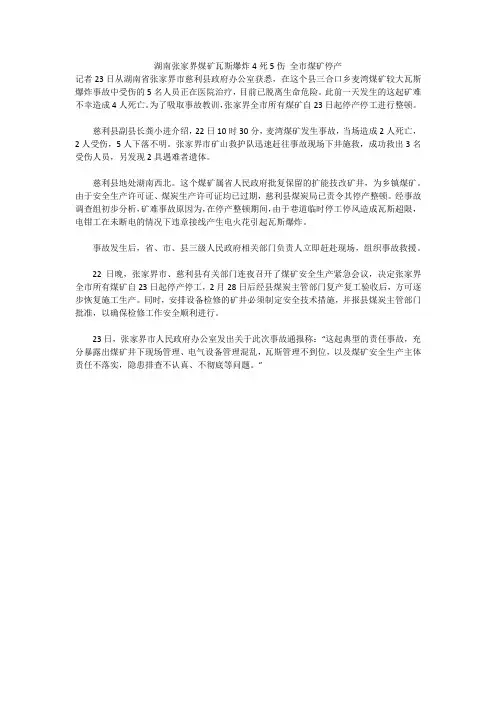 湖南张家界煤矿瓦斯爆炸4死5伤 全市煤矿停产