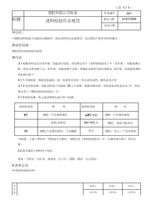 XX塑胶来料检验报告