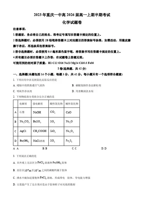 重庆市第一中学2023-2024学年高一上学期期中(半期)考试化学试卷(原卷版)