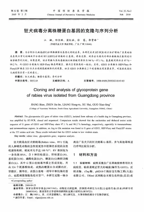 狂犬病毒分离株糖蛋白基因的克隆与序列分析