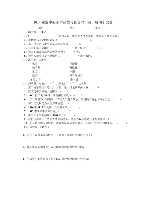 北师大版品德与社会六年级下册期末试卷 (1)