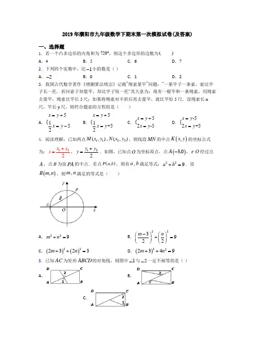 2019年濮阳市九年级数学下期末第一次模拟试卷(及答案)