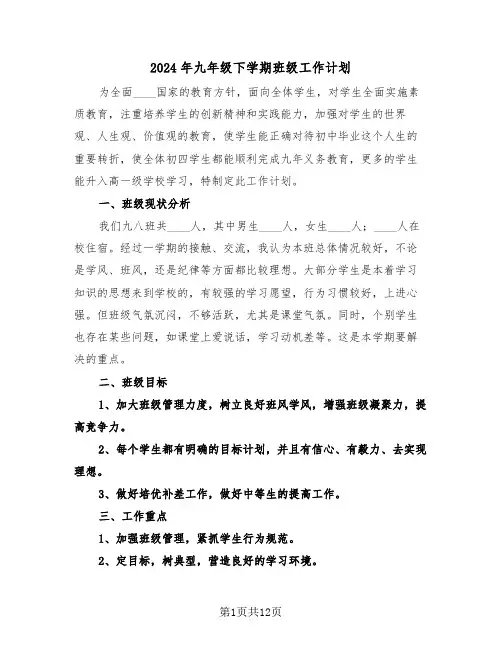 2024年九年级下学期班级工作计划（五篇）