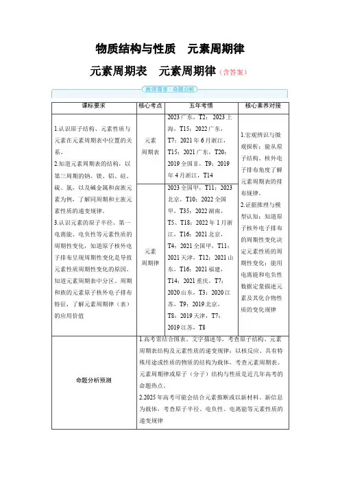 高中化学高考精品备课教案：元素周期表 元素周期律