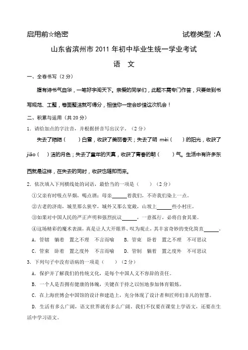 2011年山东省滨州中考语文题.doc