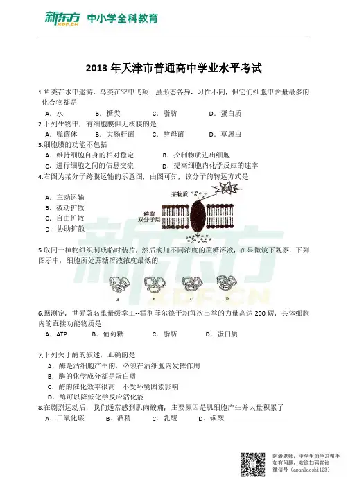 2013年天津市普通高中学业水平考试生物试题(无答案)