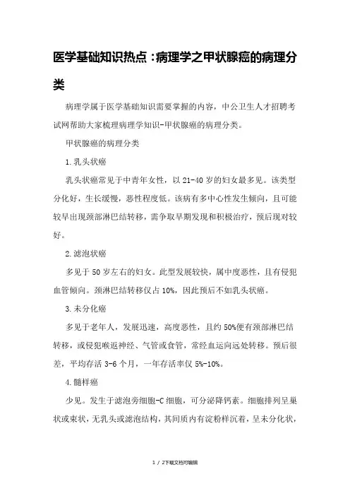 病理学之甲状腺癌的病理分类