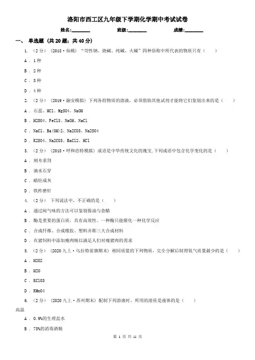 洛阳市西工区九年级下学期化学期中考试试卷