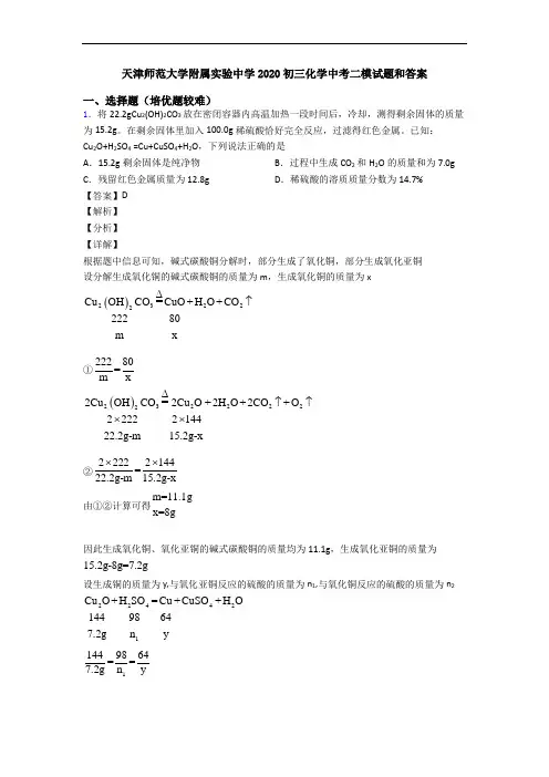 天津师范大学附属实验中学2020初三化学中考二模试题和答案