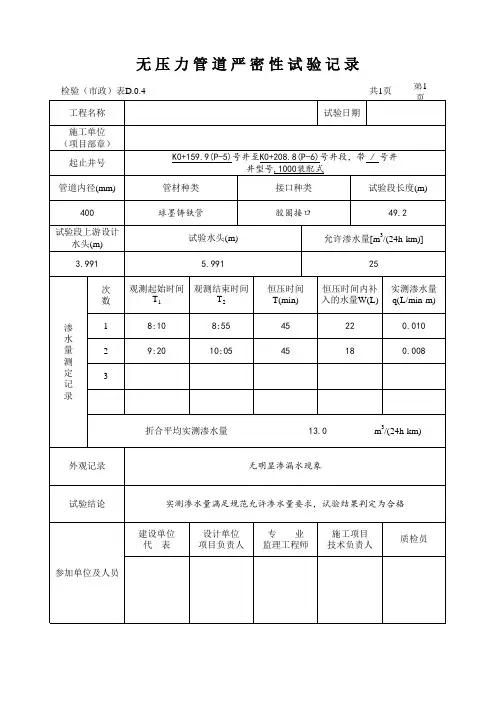 市政排水管道闭水试验记录(超详细自动计算表格)