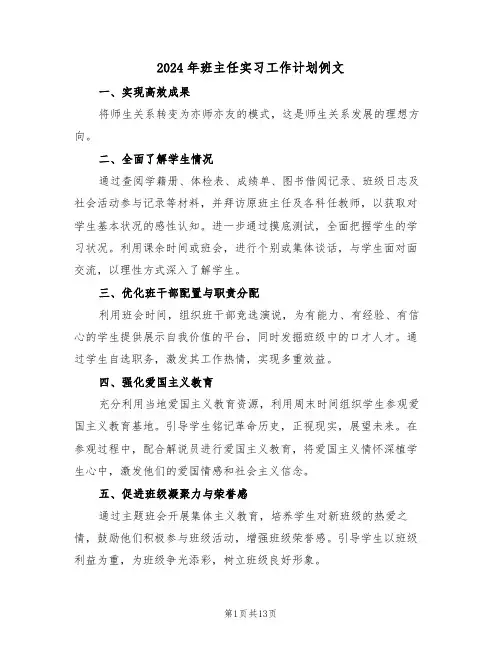 2024年班主任实习工作计划例文（五篇）