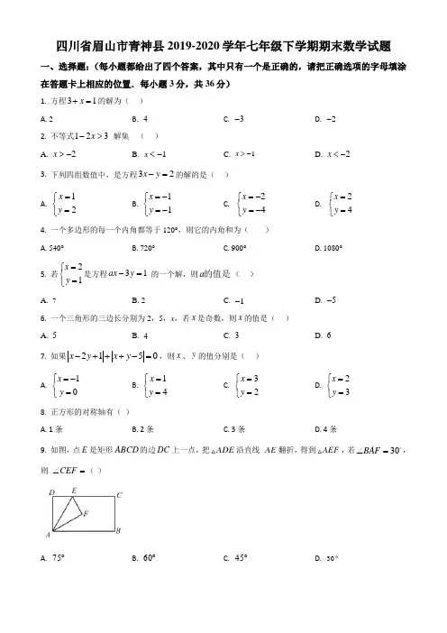 四川省眉山市青神县2019-2020学年七年级下学期期末数学试题(Word学生考试版)