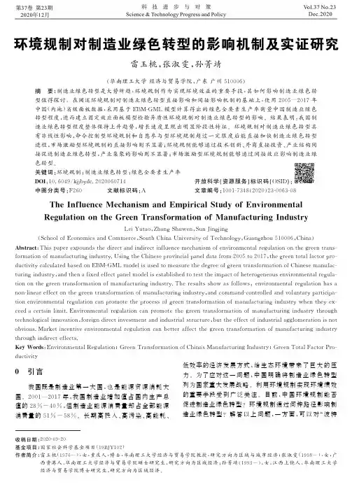 环境规制对制造业绿色转型的影响机制及实证研究