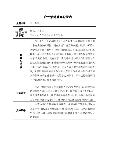 中班户外区域游戏观察记录表