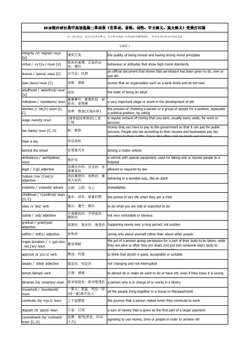 2019版外研社高中英语选择性必修二单词表(含单词、音标、词性、中文释义、英文释义)完美打印版