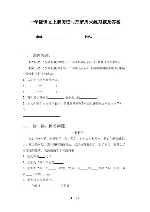 一年级语文上册阅读与理解周末练习题及答案
