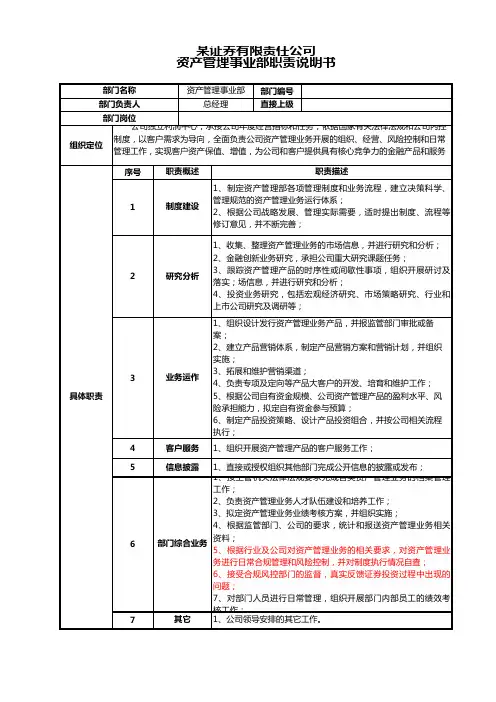 证券公司部门职责说明书资产管理事业部
