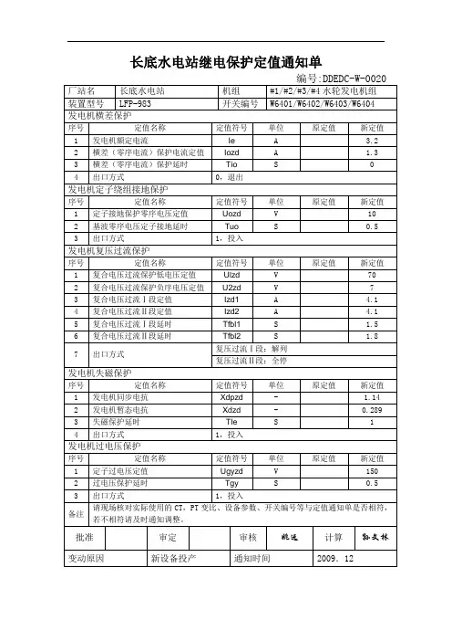 水电站保护定值单20091210(调试版)