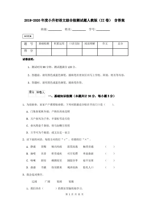 2019-2020年度小升初语文综合检测试题人教版(II卷) 含答案