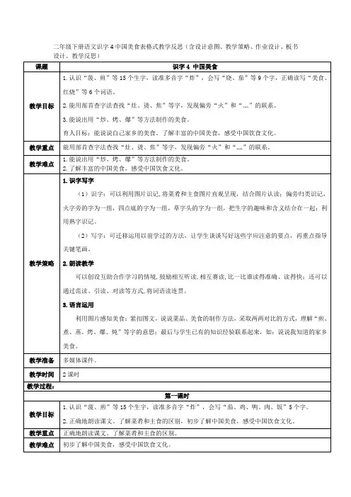 二年级下册语文识字4中国美食表格式教学反思(含设计意图、教学策略、作业设计、板书设计、教学反思)