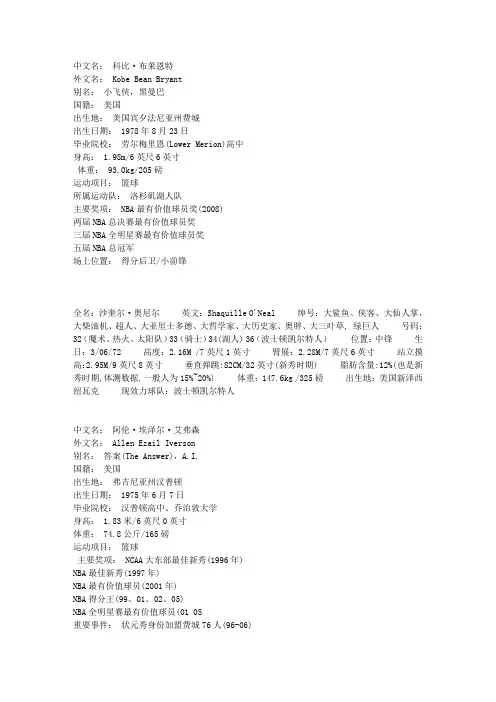 NBA现役球星资料
