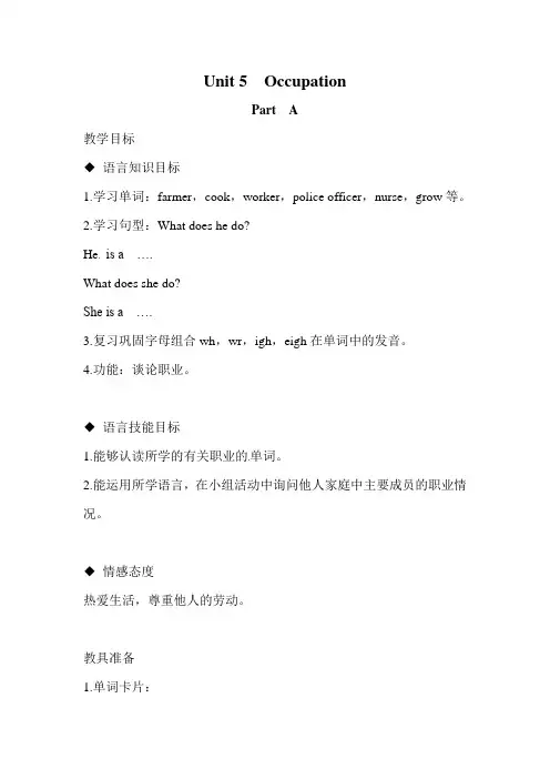 闽教版六下英语Unit 5  Occupation Part  A公开课教案课件知识点梳理