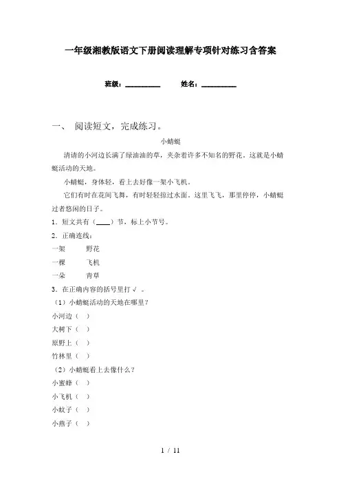 一年级湘教版语文下册阅读理解专项针对练习含答案