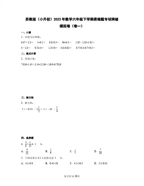 苏教版(小升初)2023年数学六年级下学期易错题专项突破模拟提升卷(卷一卷二)含答案