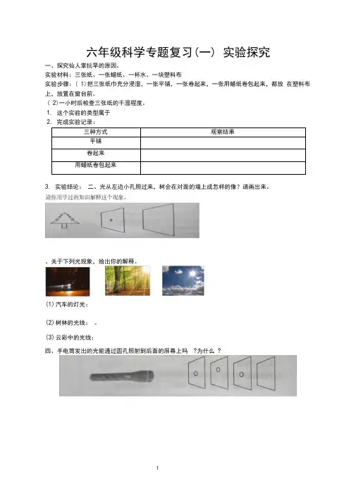 苏教版六年级科学专题复习(一)实验探究及答案