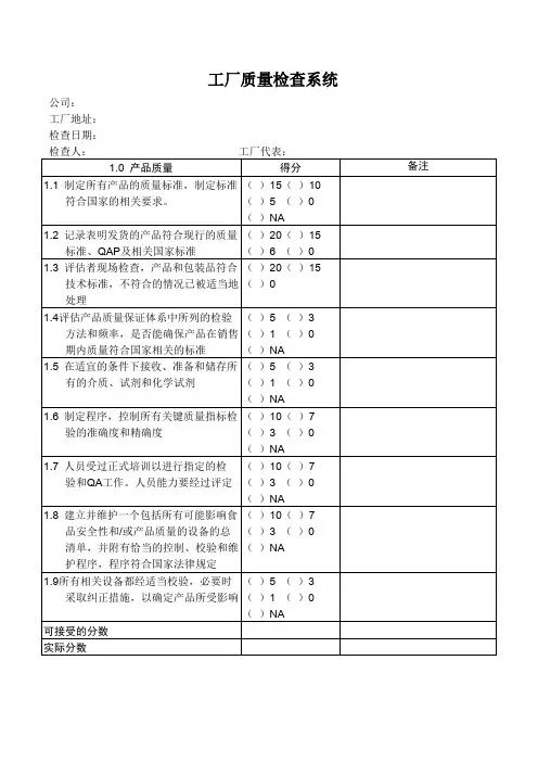 食品厂的工厂质量检查表