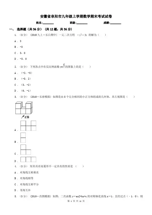 安徽省阜阳市九年级上学期数学期末考试试卷