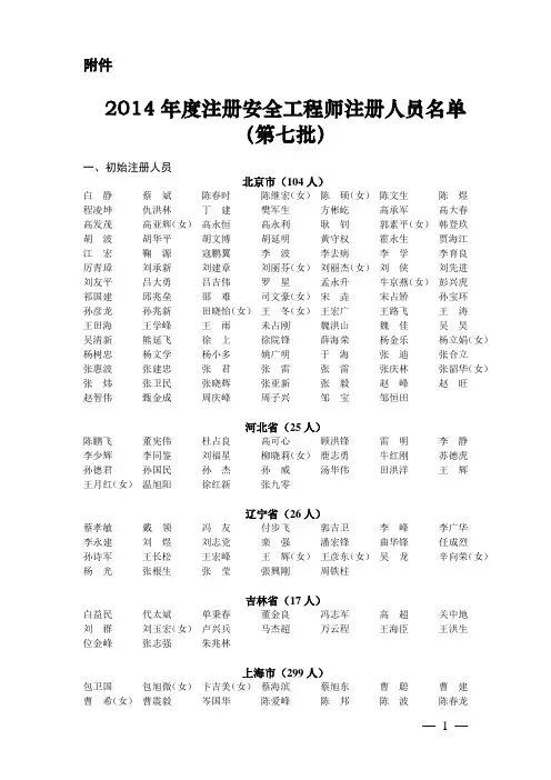 2014年度注册安全工程师注册人员名单(第七批)