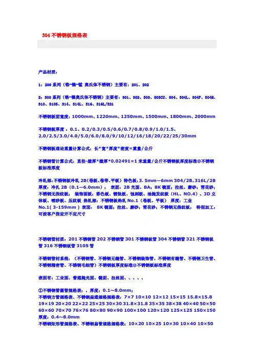 304不锈钢规格表